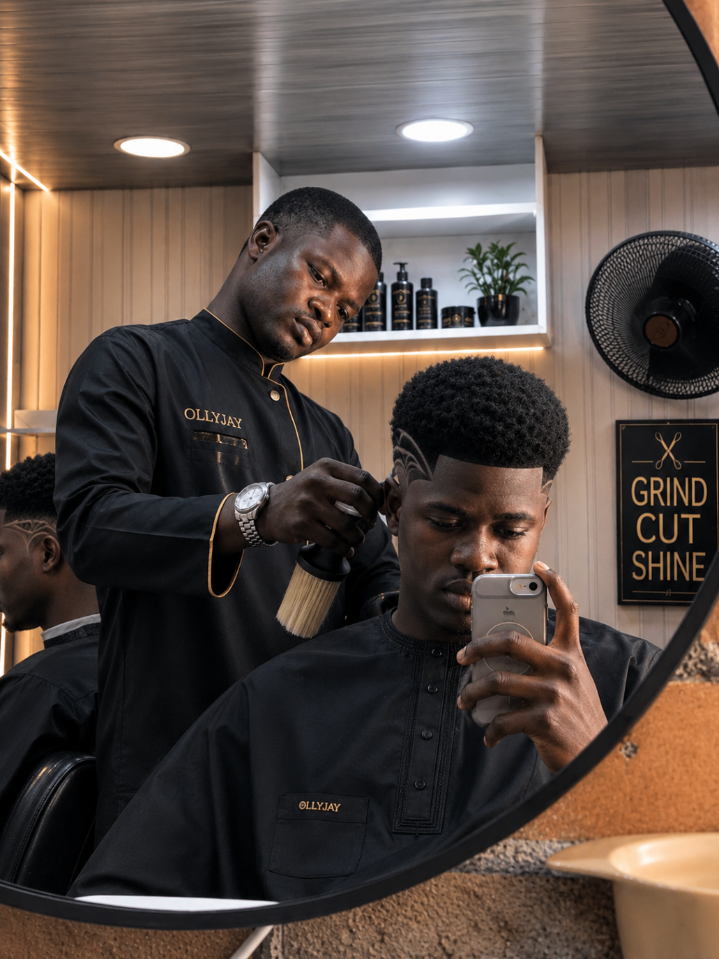 Olly Jay barber sculpting a client's cut